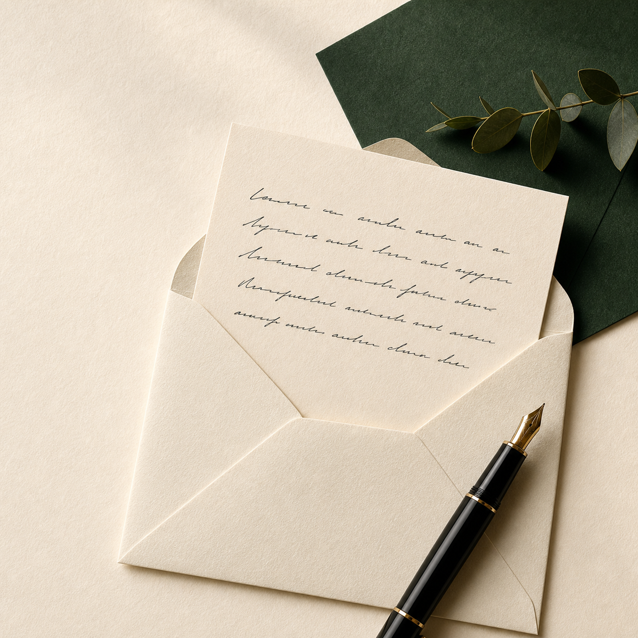 Cream handwritten card resting in its envelope beside a fountain pen